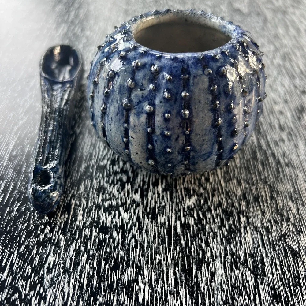 Handmade Sea Urchin pottery sugar bowl and‎ spoon